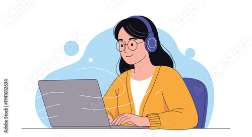 Happy woman wearing headphones and glasses working on a laptop, symbolizing remote work, online learning, and productivity.