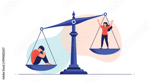 Scale balancing a sad curled-up man against a joyful standing woman, symbolizing mental health and emotional balance.