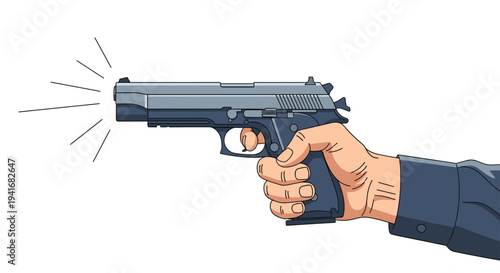 Hand holding a pistol pointing forward with radiating lines from the barrel, symbolizing a target or potential threat.