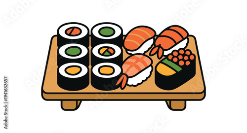 Assorted sushi platter on wooden board for menu or food packaging flat vector illustration