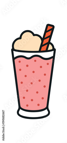 Colorful flat vector of a pink strawberry milkshake in a tall glass topped with cream and a red striped straw on white background.
