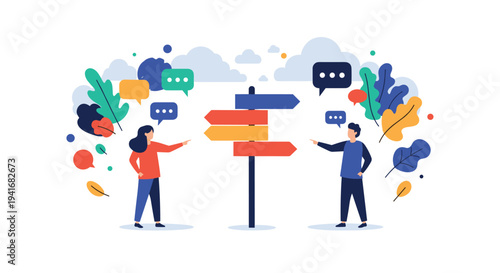 Man and woman standing at a signpost with multiple arrows, discussing choices, symbolizing decision-making and communication.