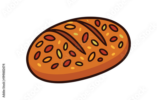 Flat vector image of a brown oval artisan loaf topped with seeds and crust slashes, shown on white background.