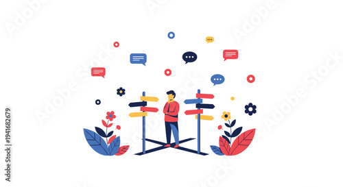 Man standing at a signpost with multiple arrows and speech bubbles, symbolizing difficult choices and decision-making.