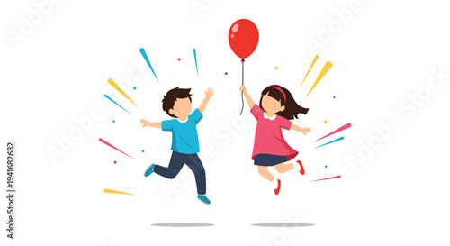 Happy boy and girl jumping playfully with a red balloon, surrounded by festive sparks, symbolizing childhood joy and celebration.