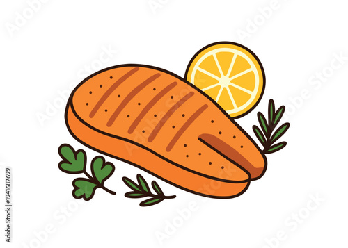 A single grilled salmon fillet shown with a lemon half and sprigs of herbs, bold outline and warm colors suited for menus, stickers, or recipe graphics.