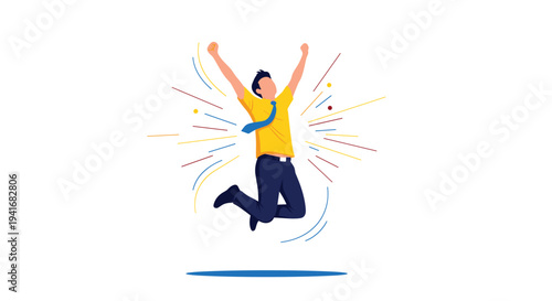 Energetic man in a shirt and tie jumping with arms raised, symbolizing happiness, success, excitement, and achievement.