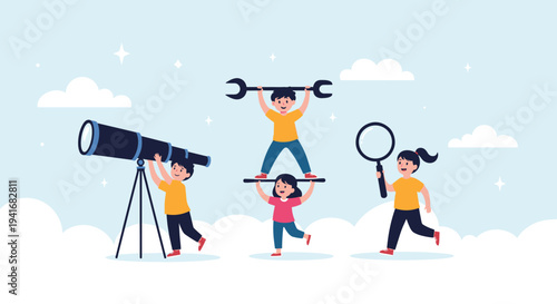 Group of cheerful children with oversized tools like a telescope, symbolizing learning, discovery, and scientific exploration.