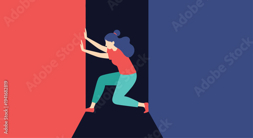 Determined woman pushing against two walls in a narrow space, symbolizing struggle, overcoming obstacles, and great effort.