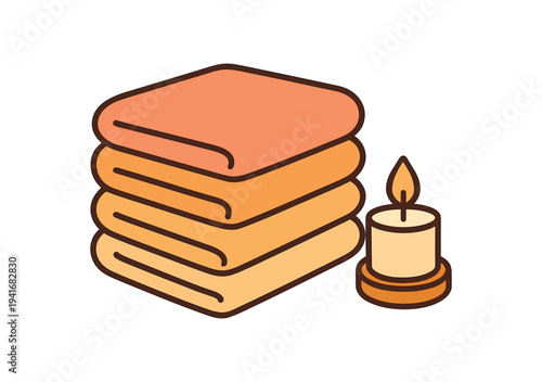 Flat colorful illustration of three stacked folded towels and a small burning candle, evoking a spa or cozy bathroom scene.