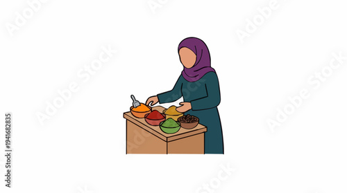 Muslim Woman In Hijab Arranging Colorful Spices In Bowls On A Wooden Table With White Background