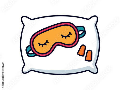 A cute pillow holding a yellow sleep mask and a pair of orange earplugs, suitable for bedtime, travel, and sleep wellness designs.