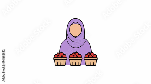 Muslim Woman in Purple Hijab Holding Baskets of Red Berries Fresh Fruit Harvest Concept Clean White Background Simple Flat Illustration