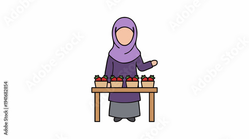 Muslim Woman Wearing a Purple Hijab and Blue Dress Selling Strawberries at a Wooden Market Stall with White Background