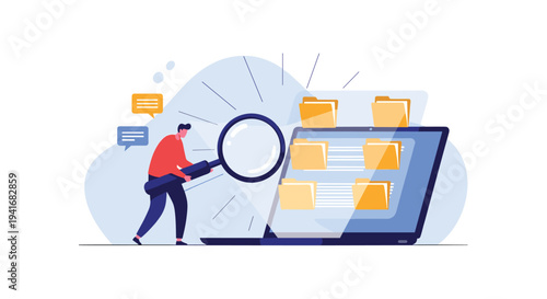 Man using a large magnifying glass to examine files and folders on a laptop screen, symbolizing data search and research.