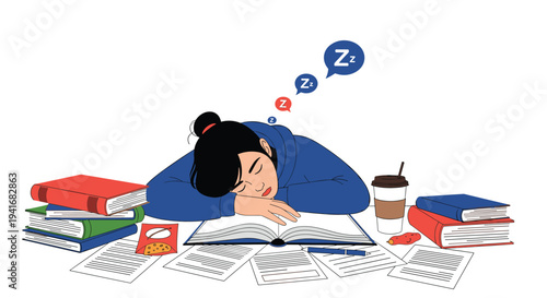 Exhausted student sleeping on a desk amidst books and papers, symbolizing study burnout, overwork, and academic stress.