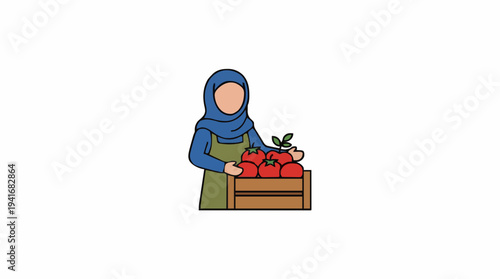 Muslim Woman Wearing Hijab and Apron Holding Wooden Crate Full of Ripe Red Tomatoes White Background Farming Harvest Agriculture Healthy Food