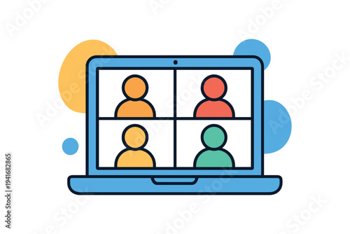 A laptop displaying a four-person grid video conference, useful for online meetings, remote work, and virtual teamwork designs.