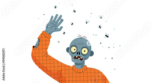 Zombie-like figure with flies buzzing around its head, raising its hand, symbolizing horror, disease, and the undead.