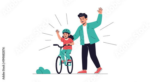 Happy father helping his daughter learn to ride a bicycle, both waving cheerfully, symbolizing parental support and learning.