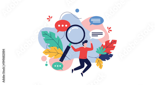Happy man jumping with a large magnifying glass and speech bubbles, symbolizing searching, discovery, and communication.