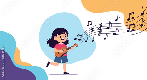 Happy girl playing a ukulele with musical notes floating around, symbolizing music, childhood hobby, and creativity.