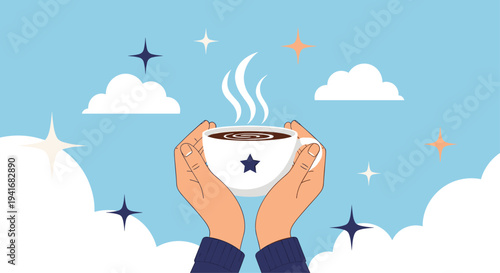 Hands holding a steaming cup of coffee surrounded by clouds and stars, symbolizing warmth, comfort, and morning relaxation.