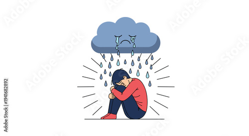 Sad person curled up under a crying cloud raining tears, symbolizing depression, sadness, despair, and emotional pain.