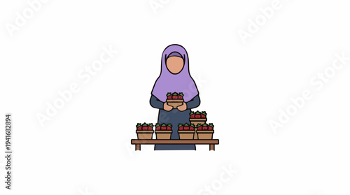Woman in purple hijab and dark blue dress holding basket of strawberries at market stall with stacked red fruits in pixel art style