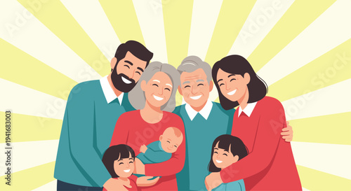 Happy multi-generational family, including grandparents, parents, children, and a baby, hugging and smiling against a bright sunburst background.