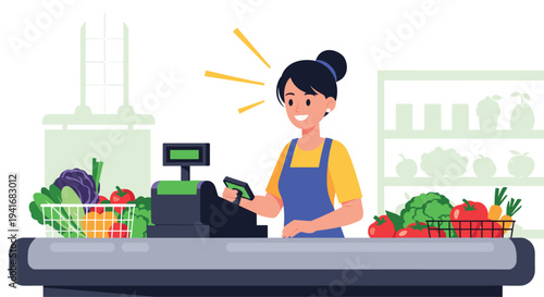 Happy female cashier working at a supermarket checkout counter, surrounded by fresh produce and smiling warmly.