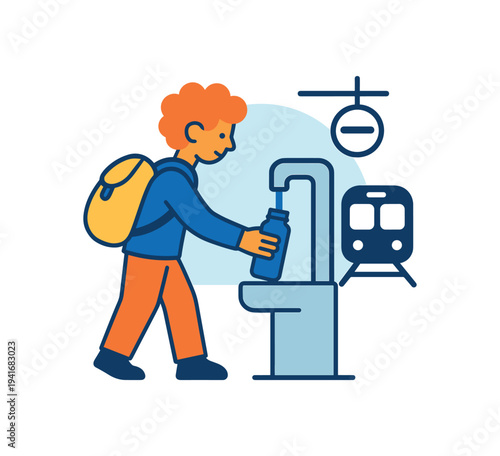 Traveler filling a water bottle at a station water fountain with backpack and train in background for travel safety flat vector illustration