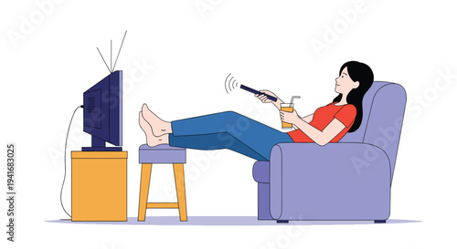 Woman relaxing comfortably on an armchair, watching television with a remote control and a drink, with her feet up.