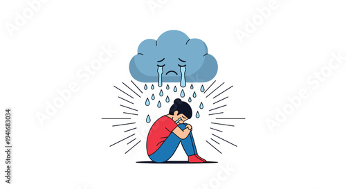 Sad woman sitting huddled under a crying cloud raining tears, symbolizing profound sadness, depression, and emotional distress.