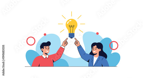 Man and woman pointing at a glowing lightbulb, symbolizing a shared idea, collaboration, innovation, and teamwork.