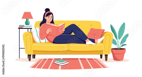 Woman comfortably relaxing on a yellow sofa, engrossed in reading a book in a cozy and peaceful living room setting.