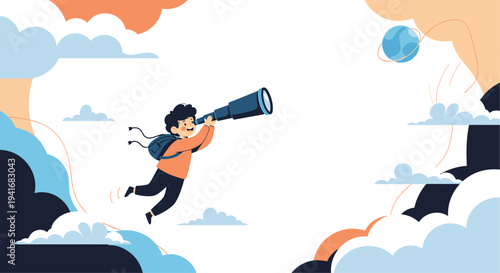 Young boy flying among soft clouds, holding a large telescope and looking at a distant planet, symbolizing exploration and discovery.