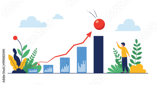 Man standing by a rising bar chart with an upward arrow and bouncing ball, symbolizing business growth, success, and achievement.