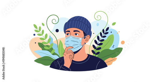 Thoughtful man wearing a protective face mask, surrounded by abstract shapes and leaves, symbolizing health precautions during a pandemic.