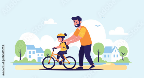 Loving father teaching his happy child to ride a bicycle in a park setting, symbolizing parenthood, learning, and family bonding.