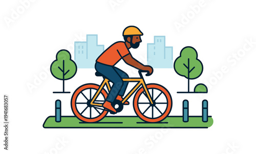 A cyclist wearing a helmet pedals a yellow bike along a green park path with trees and distant city buildings, shown in bright colors for an active lifestyle or transport theme.