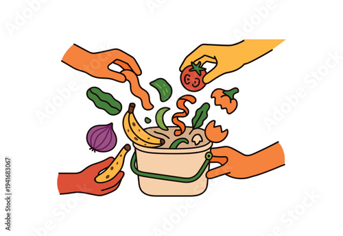 A playful flat illustration showing multiple hands tossing banana peels, tomato, onion, pepper and vegetable scraps into a compost bucket, emphasizing community composting, 