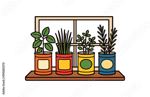 Four small houseplants in bright pots arranged on a wooden windowsill in front of a window, cheerful indoor garden scene for decor or background.