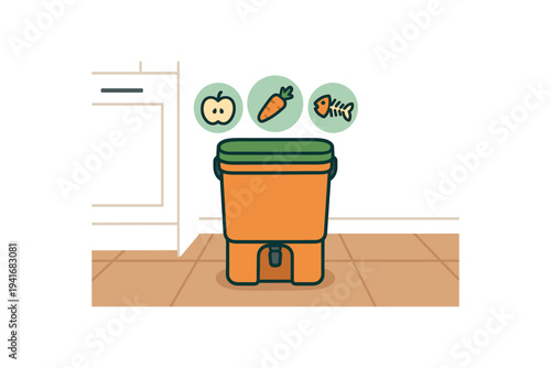 Small orange compost bin in a kitchen setting with icons for apple, carrot and fish above it, simple eco and recycling illustration for educational use.