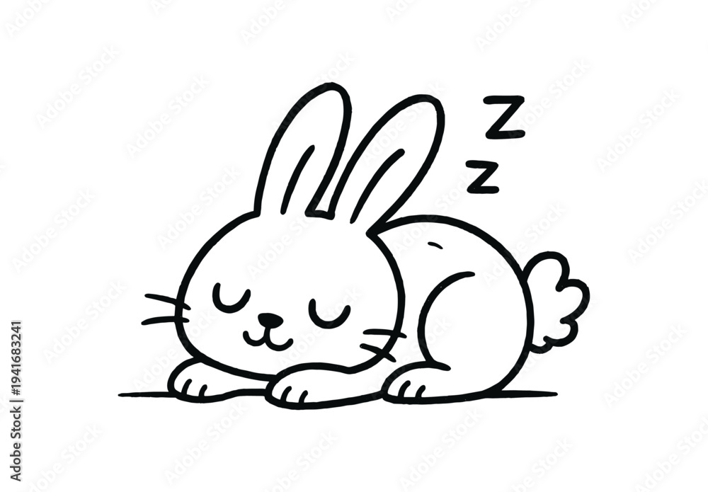 Fototapeta premium Sleeping bunny lying on its paws with closed eyes and little tail for kid-friendly background flat vector icon
