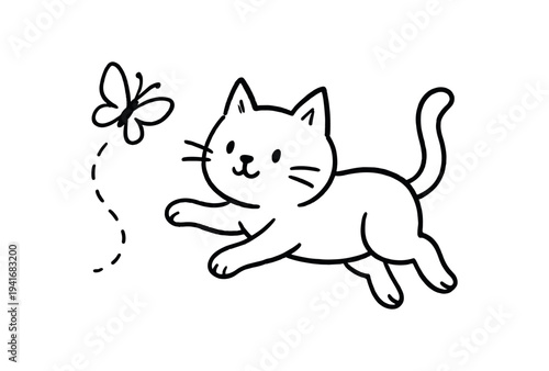 Simple black-and-white line drawing of a happy kitten reaching for a fluttering butterfly, ideal for stickers, children’s prints, or fun backgrounds.