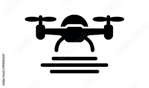 Solid black silhouette of a quadcopter drone shown from the front with horizontal signal or landing lines beneath, suitable as an app or interface icon.