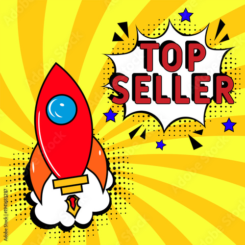 Comic book explosion with text Top Seller, vector illustration. Vector bright cartoon illustration in retro pop art style. Upcoming events in pop art style. Top Seller, web banner