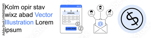 Financial technology, digital communication, network connection, subscription management, online payment, money transactions. Includes a calendar app, email network and dollar symbol. Financial