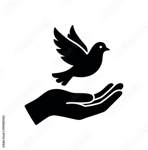 A minimal black silhouette of a hand releasing a flying dove, used as a peace, freedom, or charity icon.